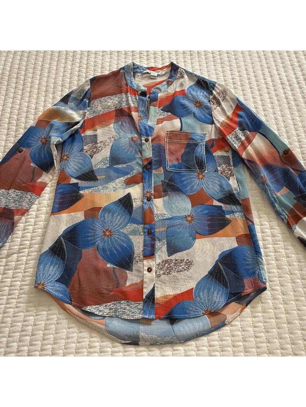 Diane Von Furstenberg Blue Floral Abstract Print Button Up Blouse Top Sz 8 DVF